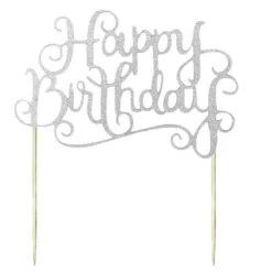 Glitter Cake Topper 'Happy Birthday' Zilver