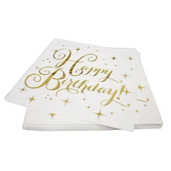 Servetten Happy Birthday Wit/Goud (20st)